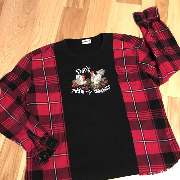Upcycled Flannel Tee, Size S-M: Reworked Oversized Chickens Graphic Pullover - Picture 8 of 11